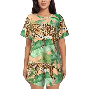 Luipaard en palmbladeren print dames zomer zachte tweedelige bijpassende outfits korte mouw pyjama lounge pyjama sets, Zwart, XXL