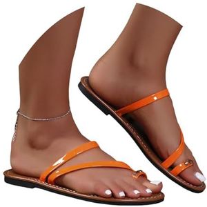 Dames Teenspreidersandalen 2025 Zomer Nieuwe Platte Slippers Met Strass Vintage Romeinse Sandalen Clip-Toe Slippers PU Lakleer Peep Toe Slippers Bohemen Strandschoenen(Orange,43 EU)