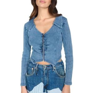 LoprNsdgt Dames Onregelmatig Cropped T Shirt Lente Zomer Lange Mouw V-Hals Rits Slim Fit Tops,Blauw,L
