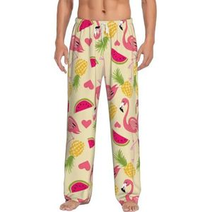 Flamingo Met Monstera Lange Lounge Wear Broek Nachtkleding Pyjama Bodems Nachtkleding Nachtkleding Met Zakken En Trekkoord, Wit, S