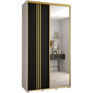 MEBLE KRYSPOL Davos 7 140 slaapkamerKledingkast met twee schuifdeuren - moderne opbergkast met spiegel, kledingroede en planken - 235,2x140x60 cm - wit zwart goud