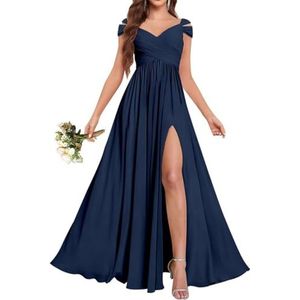 Chiffon bruidsmeisjesjurken voor dames, voor bruiloft, ruches avondgalajurken, cocktailjurken, grote maten, Donkerblauw, 32