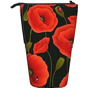 OPSREY Heerlijke Zoete Ramen Gedrukt Verticale Etui Intrekbare Potlood Tas Draagbare Briefpapier Tas, Papaver Bloemen, Eén maat, Munten Pouch