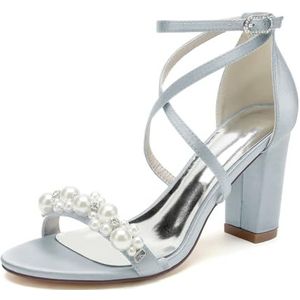 GHSIRUEU Dames Sandalen met Witte Hak en Parel Decoratie Enkelbandje Open Teen Elegante Zomer Avond Bruiloft Party Schoenen,Zilver,36 EU