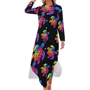 Tie Dye Cool Sea Turtle-1 Maxi-jurk voor dames, lange mouwen, knoopsluiting, casual party, lange jurk, 4XL