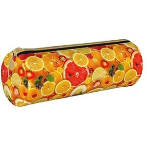 XUZHANG Fruit Oranje Patroon, Potlood Pouch Cilindrische Pen Case Draagbare Lederen Potlood Tas met Rits Cosmetische Pouch Bag, zoals afgebeeld, Eén maat, Tas Organizer