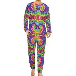 Tie Dye Kleurrijke Abstracte Comfortabele Heren Pyjama Set Ronde Hals Lange Mouw Loungewear met Zakken 6XL