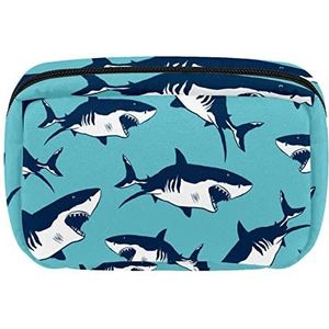 Cosmetische Tassen Voor Vrouwen Kleine Make-up Tas Reizen Toilettas Pouch Organizer Rits Fierce Sharks Marine Blauwe Achtergrond, Meerkleurig, 17.5x7x10.5cm/6.9x4.1x2.8in