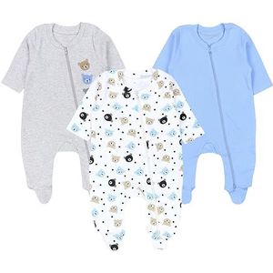 TupTam Baby Pyjama Romper Jumpsuit Met Voeten Ritssluiting Meisjes Jongens 3 Pack, Beren Lichtblauw Beige Grijs, 56