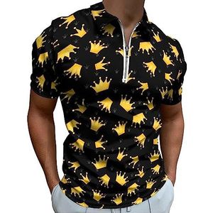 Gouden kronen op zwart poloshirt voor mannen casual T-shirts met ritssluiting T-shirts golftops slim fit