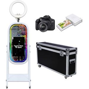 Magic Mirror Fotocabine met 21,5 inch touchscreen, Photobooth Machine Selfie Shell Stand met LED RGB Vullicht & Flight Case voor Bruiloft Feesten Evenementen Verhuur (Fotocabine + Printer + Camera)