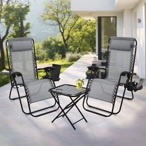 ML-Design 3-delige ligstoelenset opvouwbaar, tuinligstoelenset met tafel, grijs, ligstoel met verstelbare hoofdsteun & rugleuning, weerbestendig/buiten, relax ligstoel tuinstoel met bekerhouder
