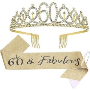 Luxylei 60e verjaardag diadeem en sjerp 60 fantastische satijnen sjerpen met champagne glitter en prinses tiara voor dames, 60e verjaardag feestdecoratie