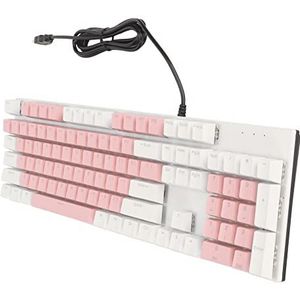 BROLEO Bedraad computertoetsenbord, 104 toetsen Plug and Play, ergonomisch ontwerp, ABS-materiaal, mechanisch gamingtoetsenbord voor pc (roze wit)