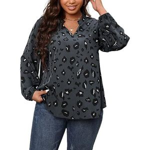 damestop in grote maten Plus blouse met allover print en lantaarnmouwen (Color : Dark Grey, Size : XXL)