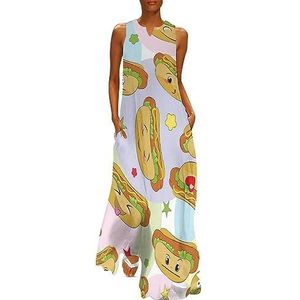Hotdogs emoticons dames enkellengte jurk slim fit mouwloze maxi-jurk casual zonnejurk XL