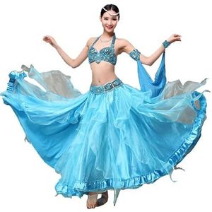 Blauw,L,PONNYC Buikdansjurken Met Kralen Voor Dames Buikdans Crop Top Bh En Heupsjaal Split Dansrok Glanzende Buikdanspakken 3-Delig Halloween Outfit Met Pailletten