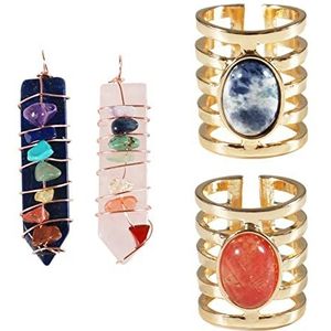 Soulnioi Pijlvormige wikkelslinger 7 chakra-hangers (roze kristal+Lapis Lazuli), open verstelbare vergulde ringen (saffier+roodsteen), sieradencadeau voor meisjes vrouwen