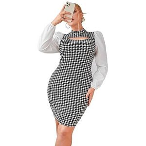 voor vrouwen jurk Plus pied-de-poule print uitgesneden bodycon-jurk met lantaarnhals en lantaarnmouwen (Color : Black and White, Size : 3XL)
