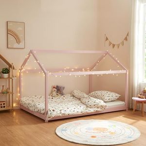 [en.casa] Kinderbed Cerro huisbed jeugdbed bed in huislook van massief grenen bedframe met bedbodem roze 140x200 cm