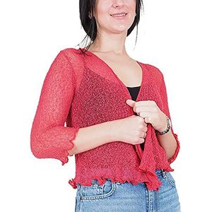 Mimosa Dames Open shrug, gehaakt, stretch kant visnet, taillesluiting om te knopen, bolero voor schouders, met glitters of effen, Donker koraal, one size