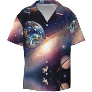 TyEdee Universe Planet Print Overhemden met korte mouwen voor heren, met zak, casual overhemd met knopen, zakelijk overhemd, Zwart, S