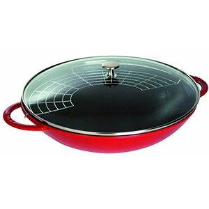 STAUB Gietijzeren wok, inclusief glazen deksel en uitneembaar gaasinzet, geschikt voor inductie, diameter 37 cm, 5,7 L, kersenrood