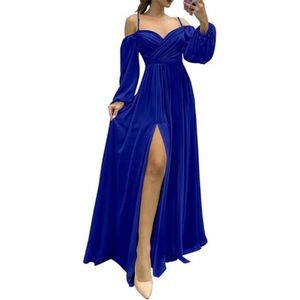 Off-shoulder bruidsmeisjesjurken lange mouwen spaghettibandjes Empire taille met split formele bruiloft gast jurk, koningsblauw, 44