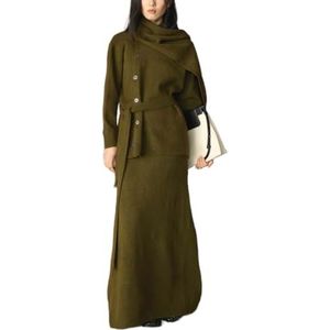 MLSHWUG Dames Zijknopen Enkellaagse Gebreide Sjaalkraag Trui Lange Rokken 2-Delige Set,Groen,One Size