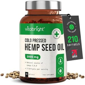 VitaBright Hennepolie (voor mensen) Omega 3 6 9 capsules hoge sterkte | 2000 mg per dag | 210 hennepzaadolie capsules | 3+ maanden | Koudgeperste Virgin Omega 369 Softgels