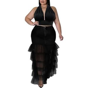 Dames Mode Grote Maat 2-delige Outfits Sexy Halternek Crop Top En Denim Lapwerk Mesh Ruche Zoom Maxi Rok Set (Color : Black, Size : 4XL)