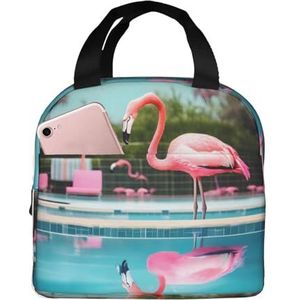 SUHNGE Flamingo en zwembaden bedrukte geïsoleerde lunchbox voor dames en heren, kantoorwerklamp, duurzame draagtas