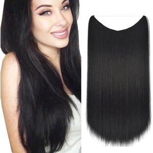 iLUU Steile haarextensies, 56 cm, hittebestendige vezels, steil haar, 80 gram, #1BJ natuurlijke zwarte kleur, Secret Fish Line haarverlengingen, onzichtbare vislijn synthetische haarverlenging