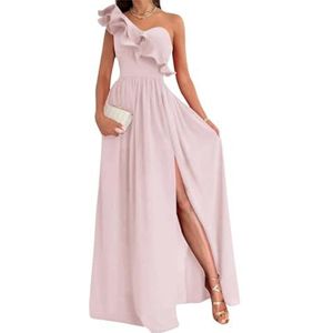 Damesjurk met één schouder voor bruidsmeisjes, fluweel, mouwloos, lange formele jurk met split, roze, 40