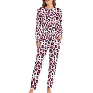 Roze luipaardpatroon zachte damespyjama met lange mouwen, warme pasvorm, loungewear sets met zakken L