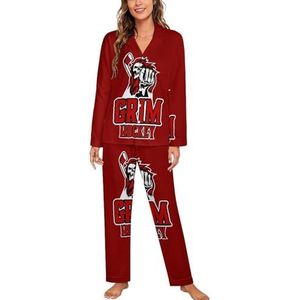 Grim Skull Hockey vrouwen lange mouw button down nachtkleding zachte nachtkleding lounge pyjama set XL