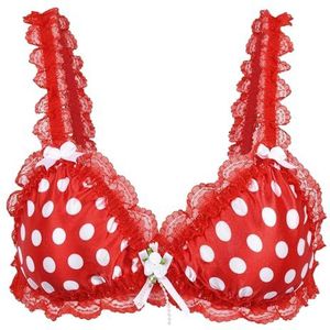Satini Sissy Frilly Kant Getailleerd Satijn Bralette BH (Rood - Stippel, L)