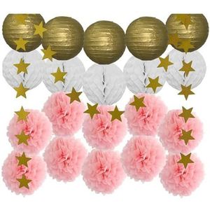 Set papieren lantaarns, Feestgunst Goud Roze Set Ronde Papieren Lantaarn Witte Bal Honingraat Tissue Pompom Bruiloft Vakantie Decoratie(Gold Pink Set)