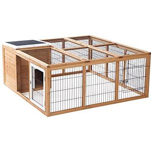 PawHut konijnenhok konijnenhok met ren klein dierenhok dak kan geopend worden waterdicht multifunctioneel dennenhout naturel 123 x 120 x 52 cm