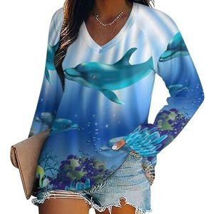 Cartoon Onderwater Wereld Dolfijnen Koraal Vrouwen Casual Lange Mouw T-shirts V-hals Gedrukt Grafische Blouses Tee Tops S