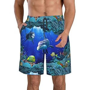 PHTZEZFC Underwater World Fish Dolphi Print strandshorts voor heren, zomershorts met sneldrogende technologie, licht en casual, Wit, L
