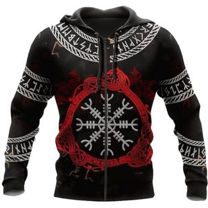 Unisex Nordic Ouroboros Sweatshirt met Ronde Hals, Retro 3D-geprinte Kompastattoo Viking trui, Herfstmodieus Los Kangoeroe-sweatshirt met Grote Zak en Rits(Color:Zip Hoodie,Size:5XL)