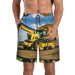 Gele zonnebloemen modieuze en comfortabele herenshorts - zomer casual strandshorts, sneldrogende shorts, Bedrijf boerderij Tractor, S