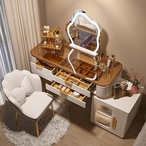 Make-uptafelcombinatiebureau, kaptafel, superopslag, met LED-licht kaptafelspiegel met opbergkast voor vrouwengeschenk (kleur: glazen tafelblad + stoel A, maat: 120 cm)