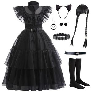 PTAYLTZX Woensdagjurk voor kinderen en meisjes, Addams Family cosplay outfit, gothic kostuums voor Halloween, familiefeest, verjaardag (zwart upgrade, 8-9 jaar)