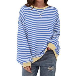 Women's Oversized Sweatshirt Casual Striped Color Crewneck Long Sleeve Crewneck Pullover Tops (L,Light Blue)