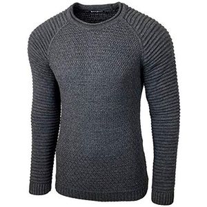Baxboy Gebreide trui heren Two Tone ronde hals pullover grof gebreid B-8056, antraciet, M