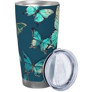 KHiry 20 oz roestvrijstalen beker met deksel vacuüm geïsoleerde bekers vliegende turquoise vlinder geïsoleerde autobeker voor reizen dubbelwandige geïsoleerde beker koffiemok voor koffie thuis