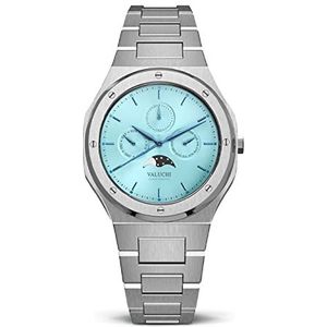 Valuchi Heren Lunar Calendar Roestvrijstaal Automatisch Horloge (Zilver Ijsblauw)