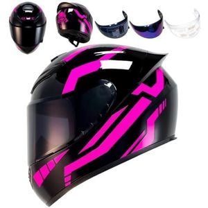 Volledige racemotorcrosshelm met helder en getint vizier, DOT-typegoedgekeurde fietshelm (XXL)(Pink Line,XX-Large)